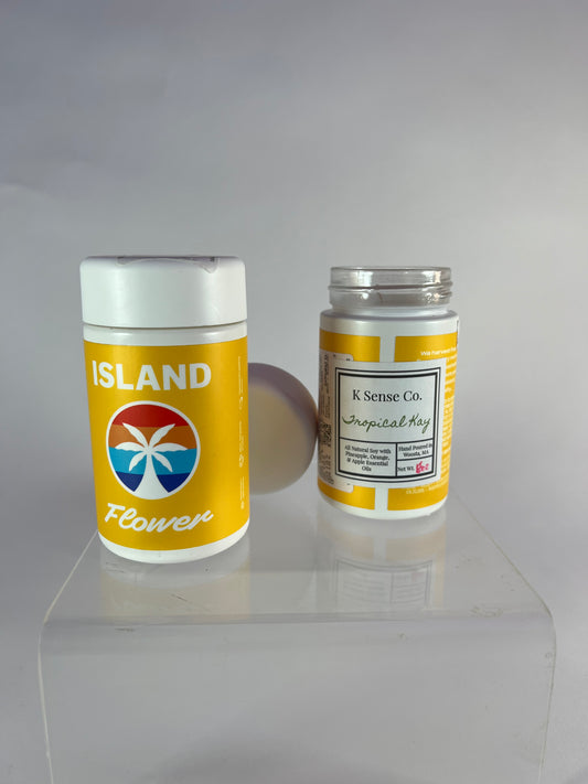 6 oz Tropical Kay candle in repurposed Island cannabis jar